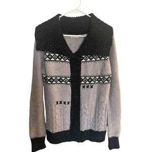 Natural Reflections Women's Gray Black Fair Isle Knit Cardigan Sweater Size L